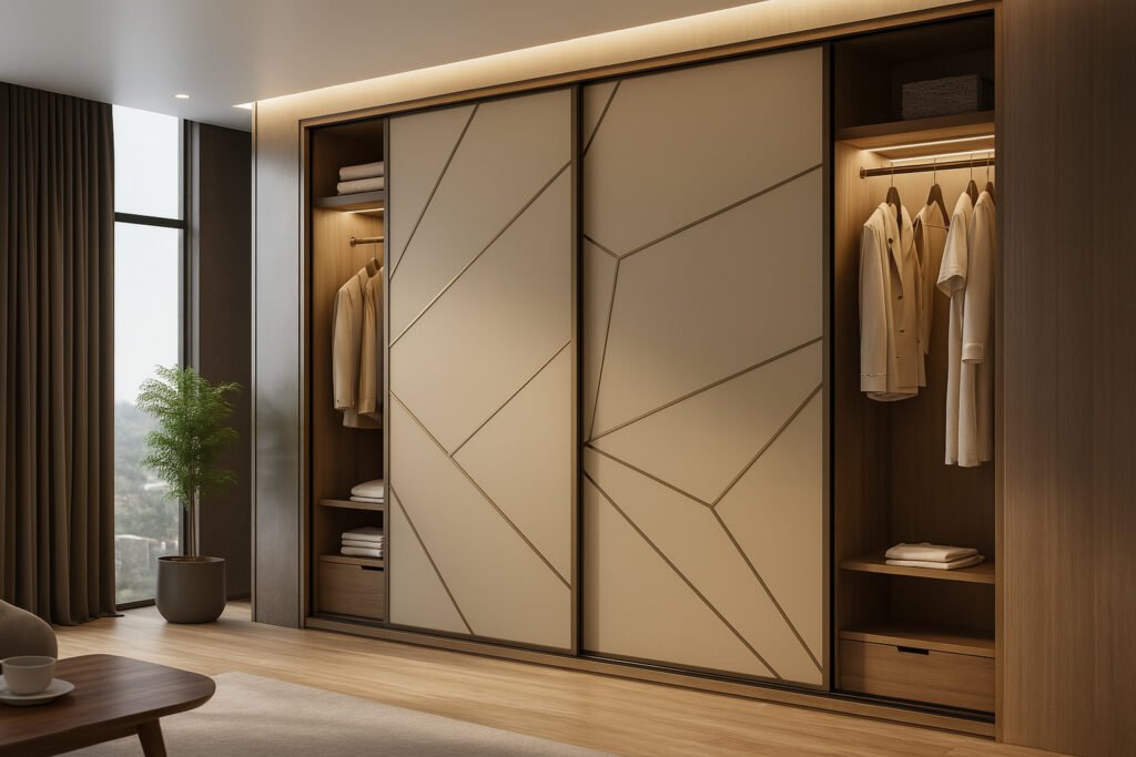 Elegant modern wardrobe with sliding geometric-patterned beige doors, integrated LED lighting, and organized open compartments for clothes and storage in a contemporary bedroom.