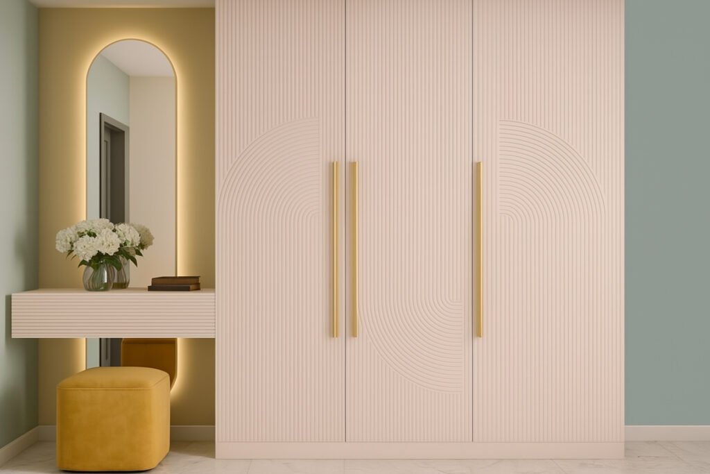 Modern beige fluted wardrobe with large vertical gold handles, integrated vanity table with rounded mirror, and matching ottoman in a contemporary interior.