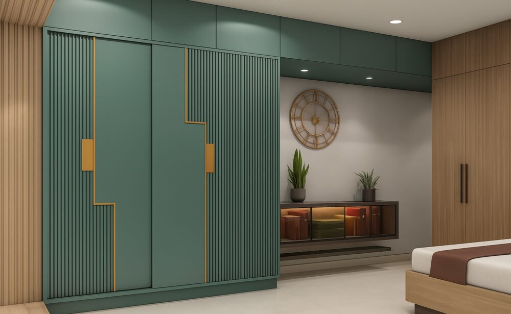 Contemporary green wardrobe with vertical groove panels, bold golden accents, and concealed handles, set in a modern bedroom with minimalist decor.