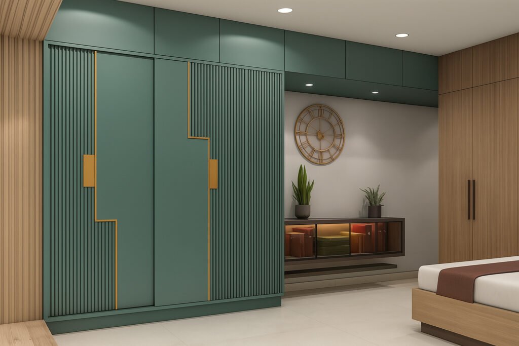 Contemporary green wardrobe with vertical groove panels, bold golden accents, and concealed handles, set in a modern bedroom with minimalist decor.
