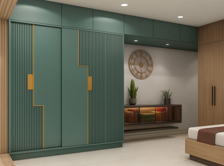 Contemporary green wardrobe with vertical groove panels, bold golden accents, and concealed handles, set in a modern bedroom with minimalist decor.