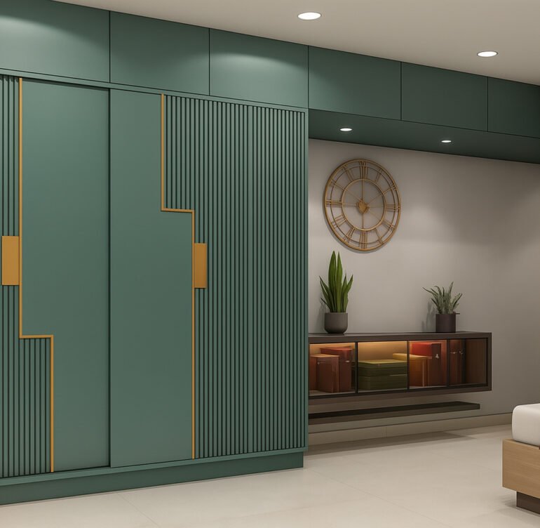 Contemporary green wardrobe with vertical groove panels, bold golden accents, and concealed handles, set in a modern bedroom with minimalist decor.