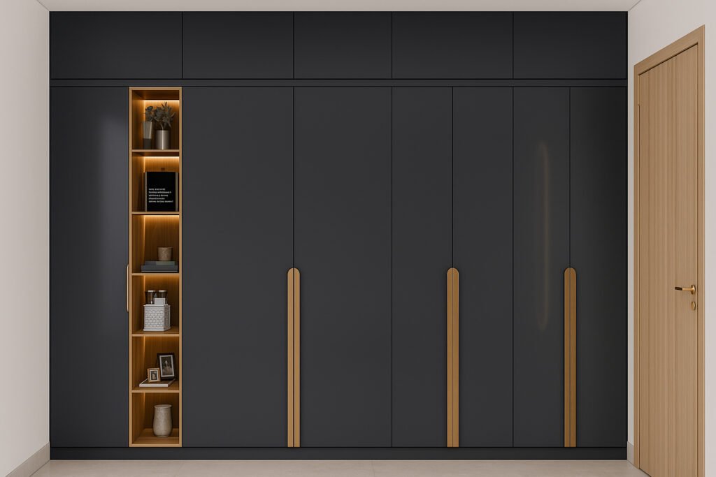 Sleek modern wardrobe with matte black panels, elongated vertical wood handles, and open illuminated shelving with decorative accents in a contemporary room.