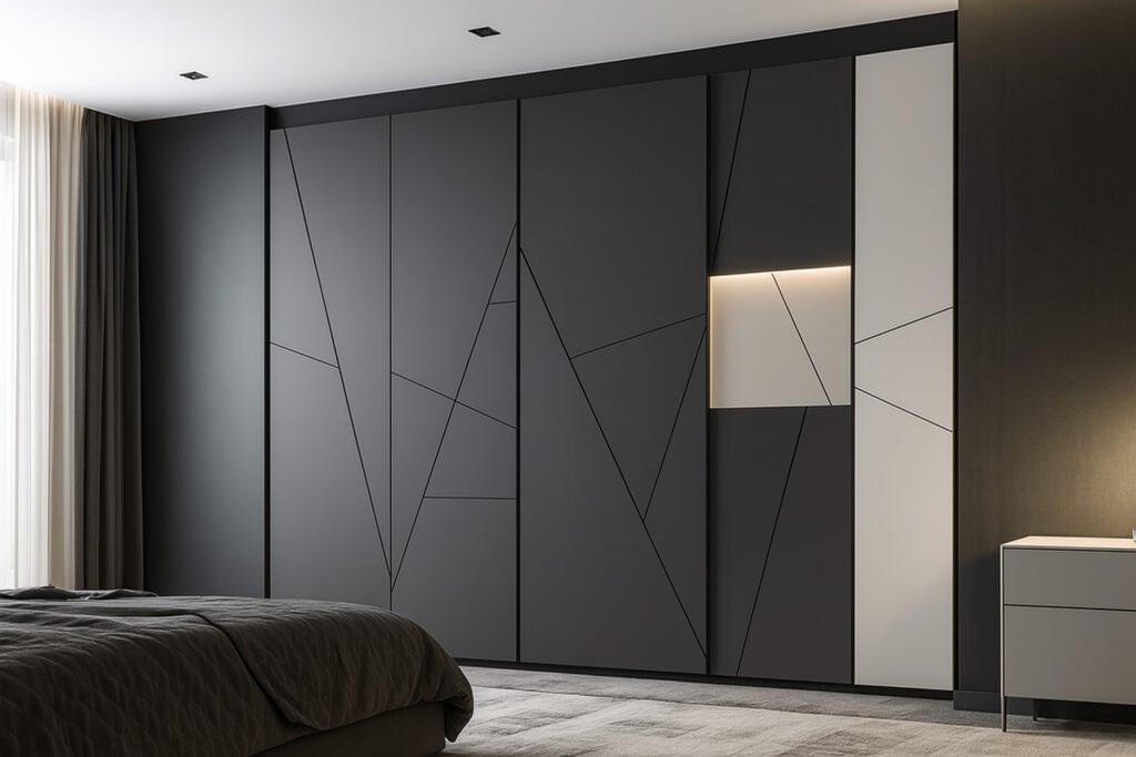 Matte black and white modern wardrobe with geometric line patterns, integrated lighting, and minimalist design in a contemporary bedroom.
