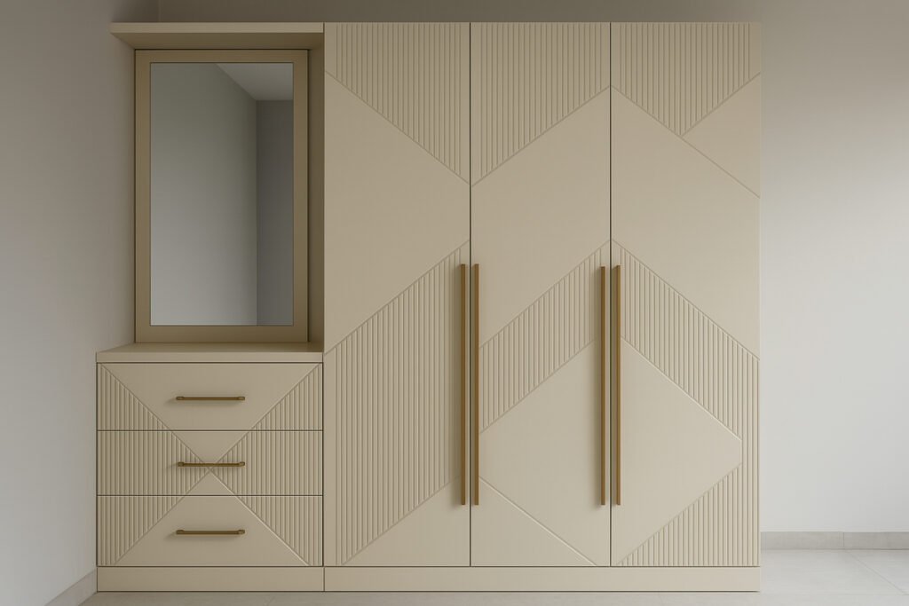Modern beige wardrobe with a built-in vanity area featuring a rectangular mirror, integrated drawers, and gold-toned vertical handles. The wardrobe doors showcase a clean geometric design with alternating smooth and vertically ribbed panels creating diamond shapes, all in a neutral beige tone.