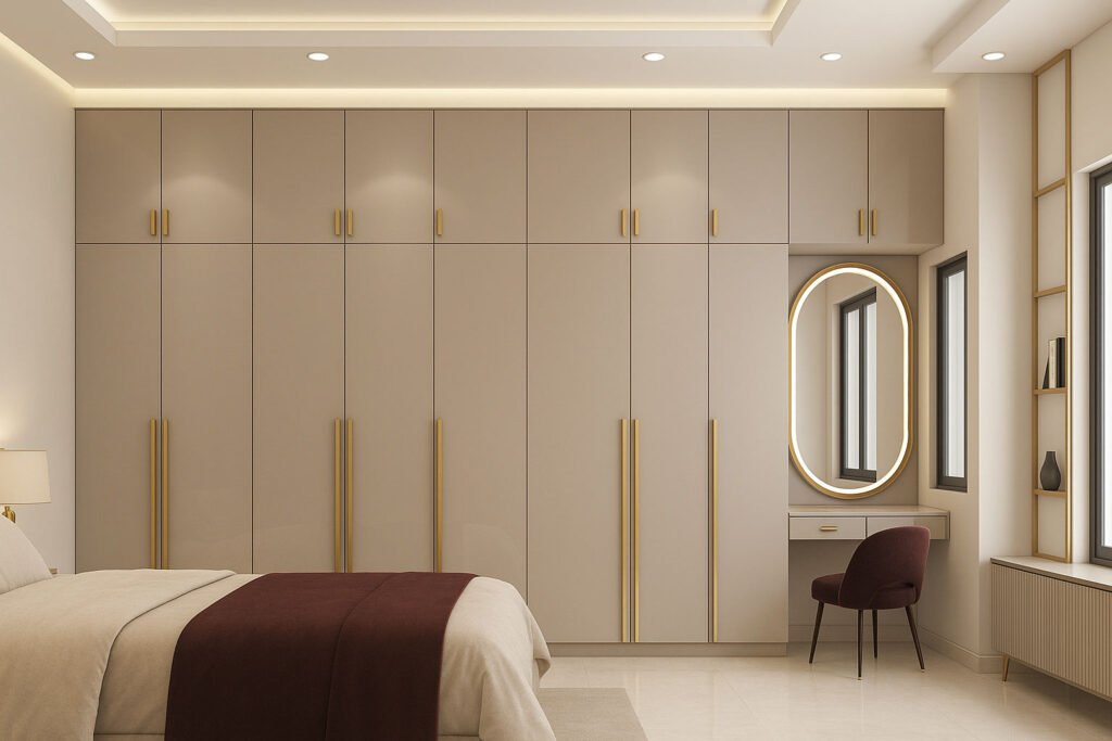 Modern built-in wardrobe with glossy beige panels, tall gold handles, and an integrated vanity featuring an illuminated oval mirror and plush burgundy chair in a contemporary bedroom.