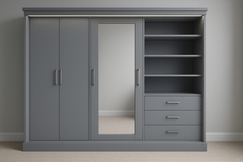 Modern gray wardrobe with a central full-length mirror, three-door cupboard sections, integrated open shelves, and three drawers with sleek metal handles, set against a neutral wall.